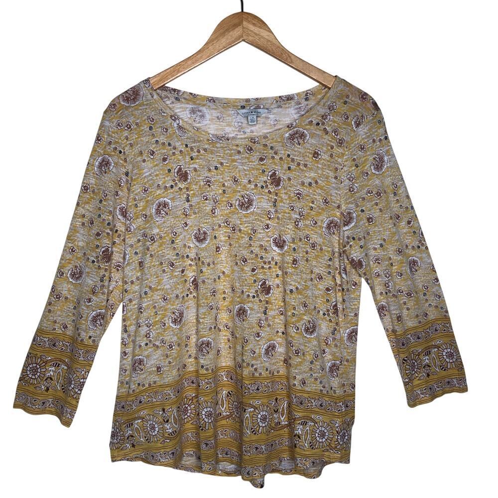 Lucky Brand Yellow Floral Paisley Boho 3/4 Sleeve Top ‎ Large Boho Fall Casual